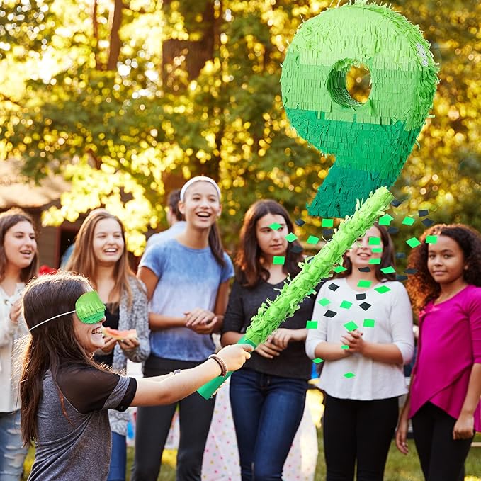 Number Piñata Decorations 16 Inch Gradient Green Piñata with Blindfold Stick and Confetti for Birthday Baby Shower Safari Jungle Themed Party Supplies Centerpiece(Number 9)