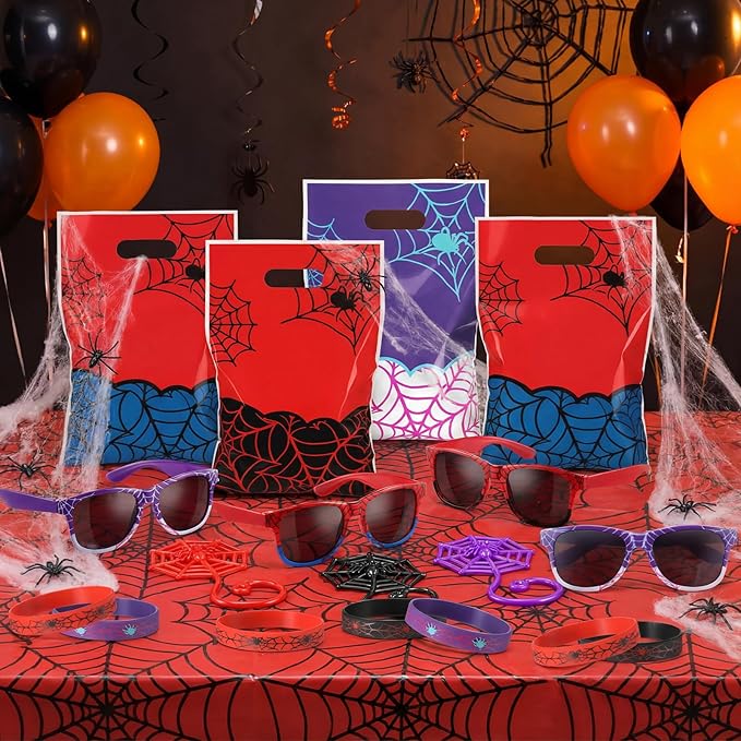 Soulchen 48 Pieces Spiderweb Birthday Party Decoration Set Spiderweb Gift Bags Spider Silicone Bracelet Sunglasses Cobweb Sticky Hands Toys for Birthday Party Supplies Favors (Vibrant)