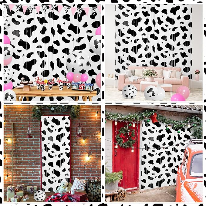 2 Pcs Cow Party Decorations 3.3 x 6.6 ft Black and White Cow Farm Foil Fringe Curtains Backdrop Tinsel Streamers for Photo Booth Farm Birthday Disco Cowgirl Rodeo Party Decor Supplies