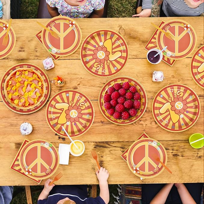 96Pcs 70s Party Decorations Hippie Daisy Flower Plates and Napkins Hippie Peace Symbol Tableware for Baby Girl Theme Groovy Yellow Birthday 70s Retro Baby Shower Party Supplies Serves 24