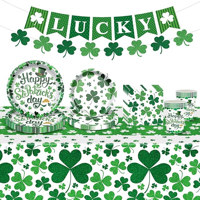 St. Patrick's Day Party Supplies Irish Themed Disposable Dinnerware Set with Lucky Shamrock Plates, Napkins, Cups, Banner and Tablecloth for St Patricks Day Saint Irish Party Decoration, Serves 24