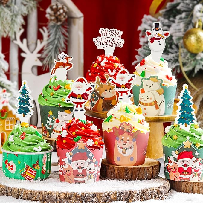 Christmas Cupcake Toppers 24PCS Wrappers Cake Decorations Snowflake Christmas Cake Liner Cake Picks For Birthday Anniversary Wedding Engagement Party Decorations