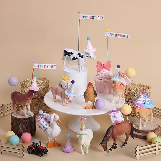 Weysat 37 Pcs Farm Animal Birthday Party Decorations, Farm Cake cupcake Toppers with Mini Hats Miniature Flags Gift Boxes Balls Bows Figure Models for Farmhouse Birthday Party Decor Supplies Adults