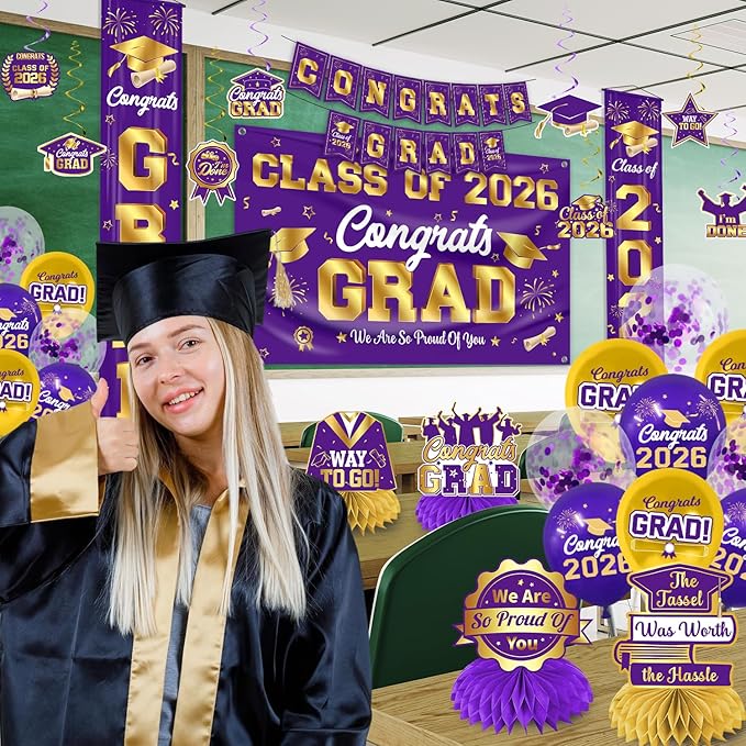 Graduation Decorations Class of 2026 Purple and Gold Graduation Party Decor Set include Congrats Grad Banner Backdrop Class of 2026 Balloons Party Supplies