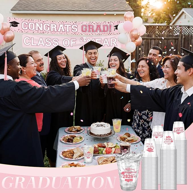 Eaasty 100 Pcs 12oz Graduation Cups 2026 Disposable Plastic Cups for Class of 2026 Graduation Party Congrats Grad Elegant Party Supplies Tableware Decorations (Pink)