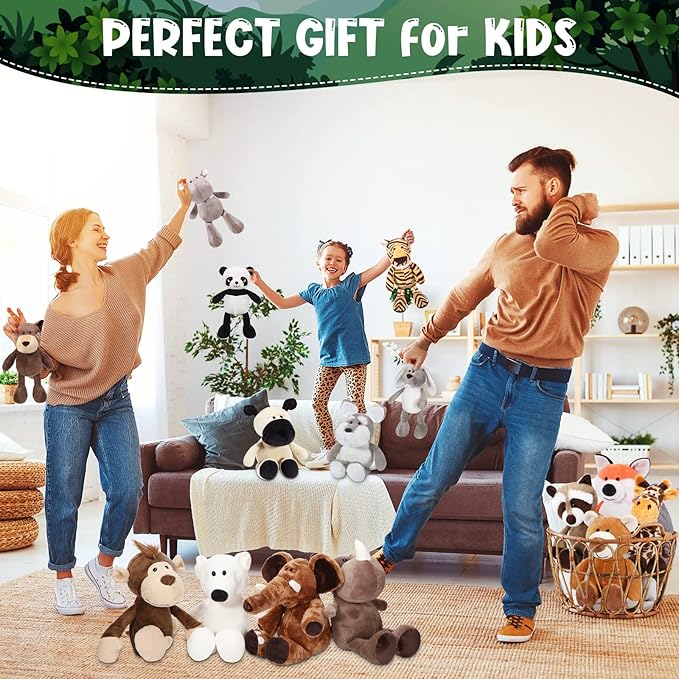 Lenwen 24 Pcs Safari Stuffed Animals Set 10 Inch Jungle Plush Animals Bulk Lion Elephant Giraffe Zebra Panda Soft Stuffed Toys for Jungle Party Favors, VBS Prizes Rewards Gifts