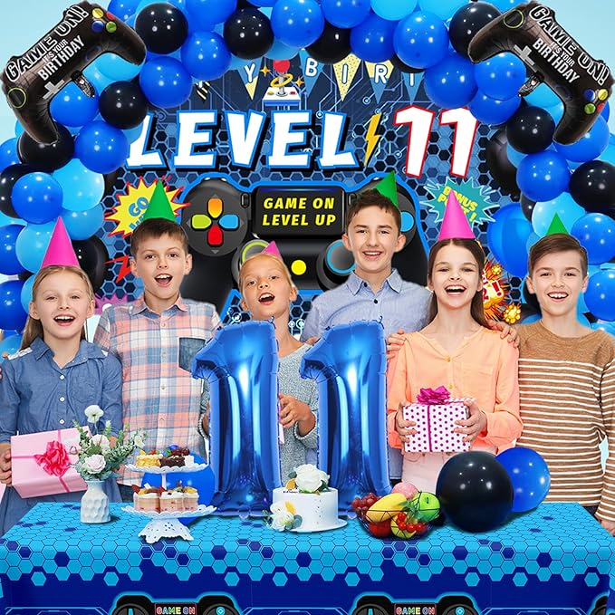 Vlipoeasn 90PCS Video Game Party Decorations for Boys Set Blue - 11th Birthday Supplies - Video Game Backdrop, Balloons, Tablecloth, Gamer and Foil Balloons