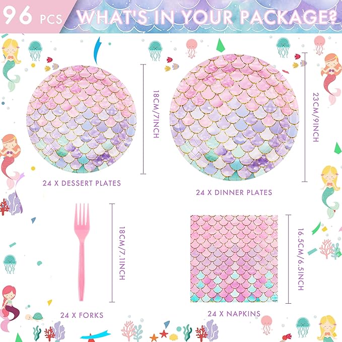 CANREVEL 96 PCS Mermaid Party Plates & Napkins Set, Serve 24, Disposable Tableware for Mermaid Party Supplies Decorations for Girl Kid Women Adult