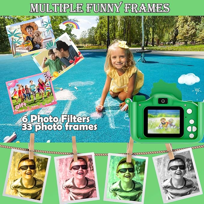 Kids Digital Camera, 1080P HD Video Camera for Toddlers with 32GB SD Card, Dinosaur Protective Case, Card Reader, Fun Selfie Toy Camera for Ages 3-12, Christmas/Birthday Gift for Boys & Girls (Green1)