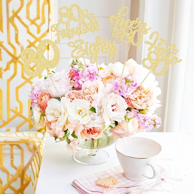 Gyufise 15Pcs 80th Birthday Centerpiece Sticks Eighty Happy 80th Table Flower Centerpieces Sticks Cheers to 80 Floral Decorations for 80th Birthday Party Centerpieces Supplies Gold
