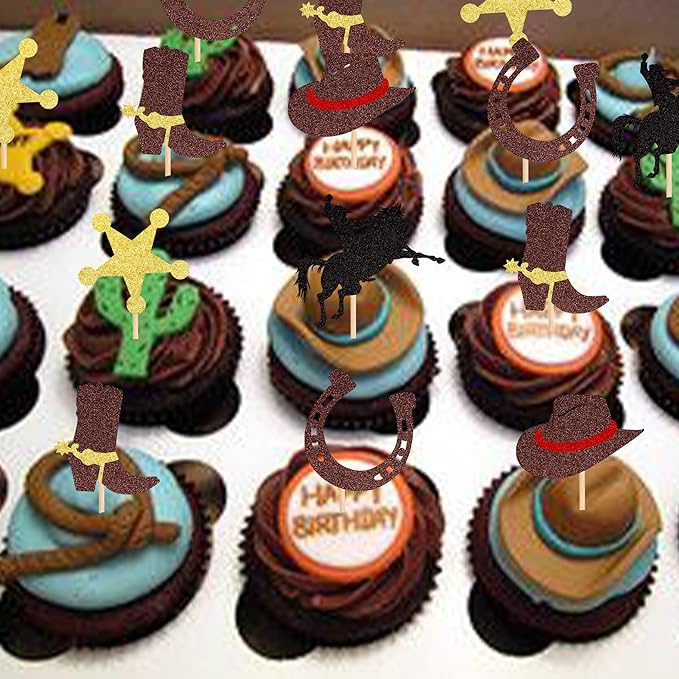 30 PCS Cowboy Cupcake Toppers Glitter HorseShoe Cowboy Hats Boots Cupcake Picks Western Theme Baby Shower Birthday Party Cake Decorations Supplies
