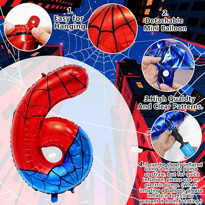Spider Web Number 6 Balloon Birthday Decoration, Superhero Themed 40in Giant Mylar Number Party Supplies