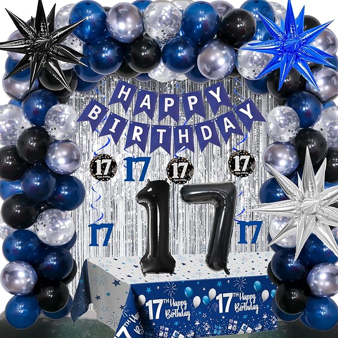 17th Birthday Decorations for Boys and Girls Dark Blue, 17 Birthday Decorations with HAPPY BIRTHDAY Banner 17 Balloon Number Tablecloth Foil Star Balloons Garland Arch Kit-17 Year Old Party Supplies