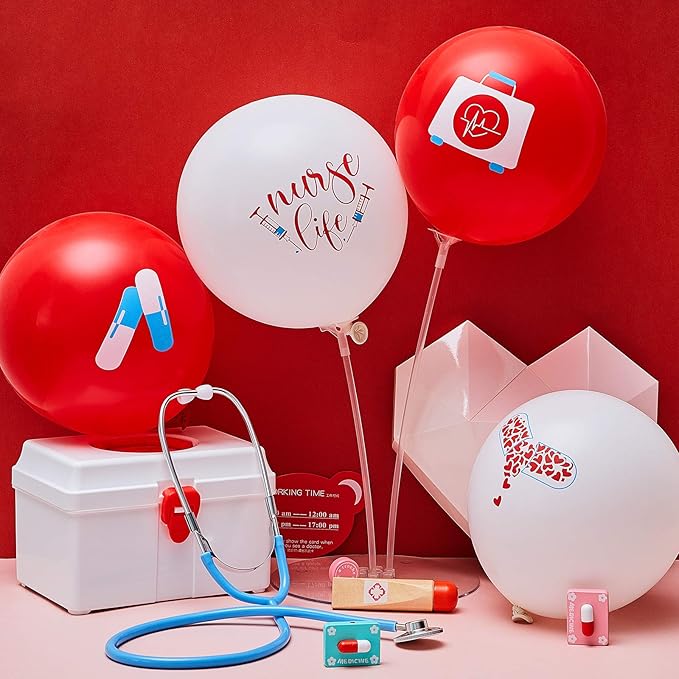Skylety 48 Pieces Nurse Balloons 12 Inch Congrats Nursing Latex Balloons Bulk Party Decoration Supplies Nursing School Graduation Decoration for Happy Nurse Week Cna(Red and White)