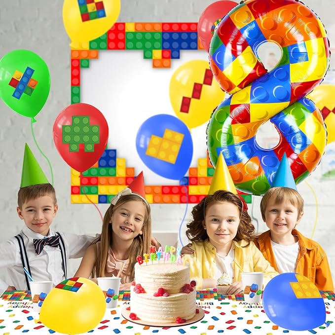 40 Inch Building Block Number Balloon, Colorful Number Block Foil Balloons Large Big Numbers Helium Balloon for Girls Boys 8th Birthday Brick Theme Party Decorations (Number 8)