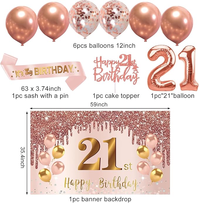 21st Birthday Decorations for Girls, Pink Rose Gold Happy 21 years old Birthday Banner Backdrop Balloons Sash Table Cake Topper Honeycomb Centerpieces Hanging Swirls Paper Fans Party Supplies