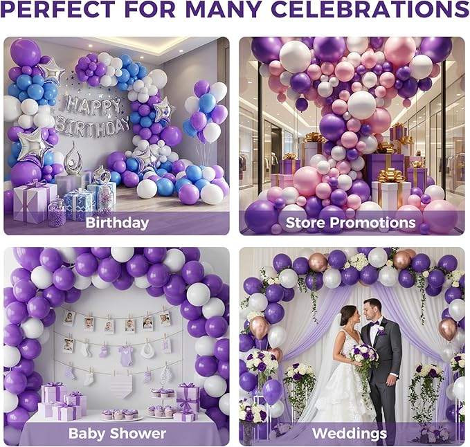 LovesTown 110PCS Purple Latex Balloons 12 Inch Dark Purple Helium Round Balloons with Ribbon for Engagement Birthday Baby Shower Wedding Graduation Birthday Party Backdrop Decorations (Pack of 2)
