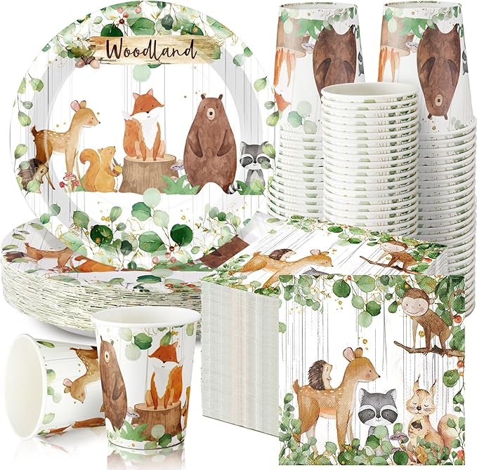 Hushee 200 Pcs Woodland Baby Shower Paper Plates Cups Napkins Woodland Animals Themed Gender Reveal Party Supplies Tableware Set Disposable Cup Napkin for 50 Guest Party Decoration