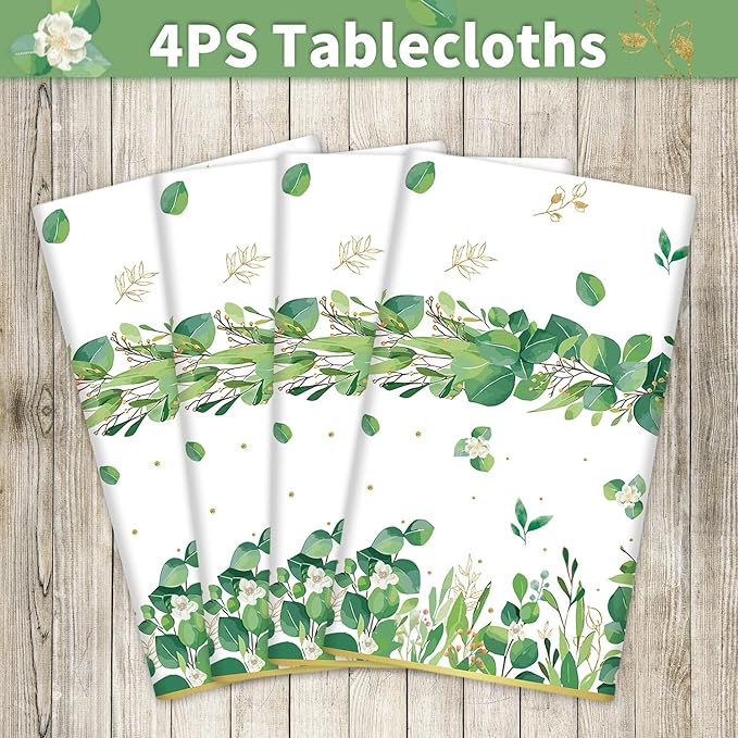 4 Pack Sage Green Eucalyptus Leaf Tablecover Sage Greenery Tablecloth Plastic Green Leaves Rectangular Greenery Table Cloths for Neutral Baby Shower Birthday Jungle Wedding Party Supplies 86 x 51 IN