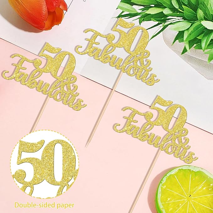 12 PCS 50 and Fabulous Centerpiece Sticks Double Sided Happy 50th Birthday Table Flower Centerpieces Sticks Cheers to 50 Floral Decorations for 50th Birthday Anniversary Party Supplies Gold