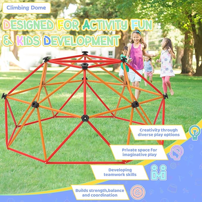 Gardenature 6FT Climbing Dome for Kids 3-8, Jungle Gym for Indoor and Outdoor, Geometric Dome Climber Supporting 880 Lbs Anti-Rust Metal Play Structure, Kids Gift Toys, ASTM Approved, Red & Orange