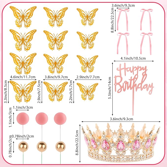 Hooqict 24Pcs Crown Cake Decorations Set with Pink Bows Gold Butterflies Happy Birthday Crown Cake Toppers & Cupcake Toppers for Girls Women Pastel Princess Queen Birthday Party Decorations Supplies