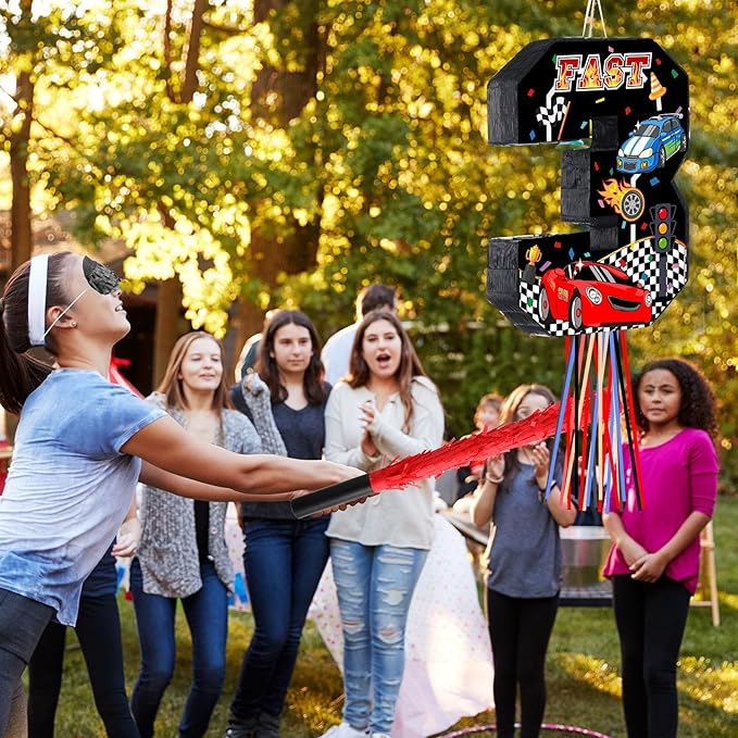 Race Car Piñata Pull String Cars Piñatas for Birthday Party Decorations Number 2 3 4 5 6 with Blindfold Stick Small Red Black Racing Theme 2nd 3rd 4th 5th 6th Party Supplies(Number 3)