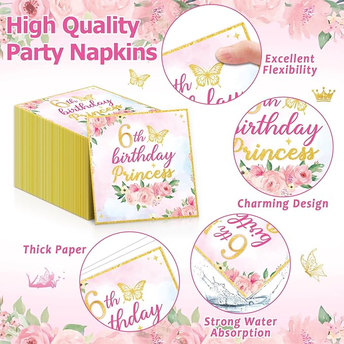 96PCS Princess 6th Birthday Party Plates and Napkins and Forks Set for Princess Party Pastel Castle Dessert Plates Disposable Decor Pink Gold Tableware Set for 6th Theme Party Favors Decorations