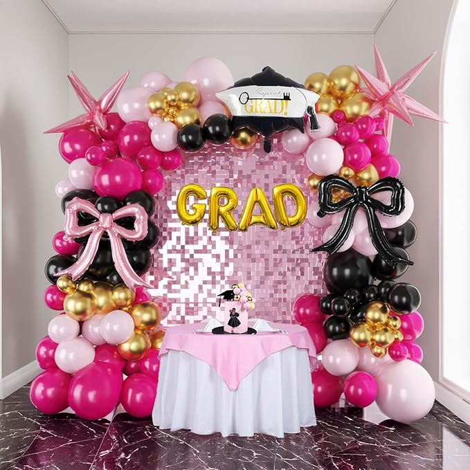 Pink and Black Balloon Garland Arch Kit Include Bow balloons grad letter balloons for 2025 Graduation Birthday Wedding Baby Shower Anniversary Bachelorette Bridal Party Decorations