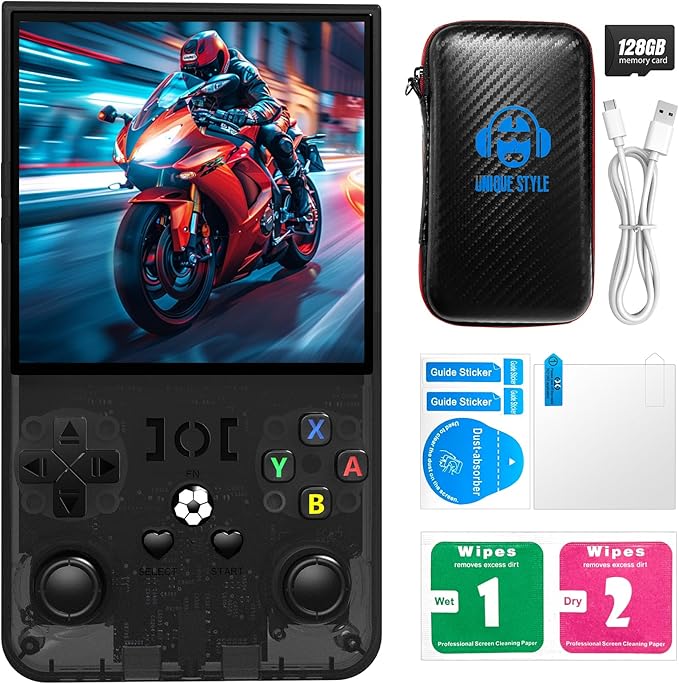 R36MAX Retro Handheld Game Console, 4.0-Inch IPS Display, 720x720 Resolution, Linux System, 64GB Support 18,000+ Classic Games, 4000mah Battery, with Portable Case(Black 128GB)