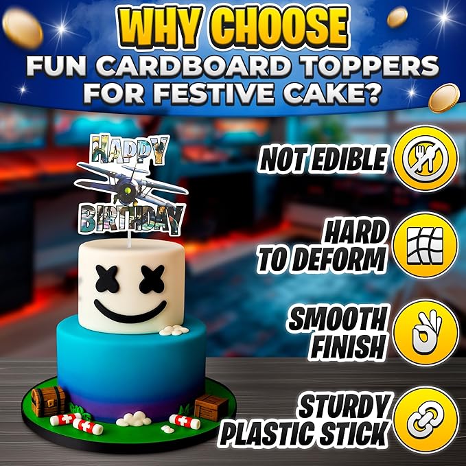 Video Game Cake Topper with 7 Action Figures & Large Logo - Sturdy Cardboard Cake Decorations, Easy Adjustment & Firm Installation - Creative Happy Birthday Cupcake Toppers for Boys & Girls