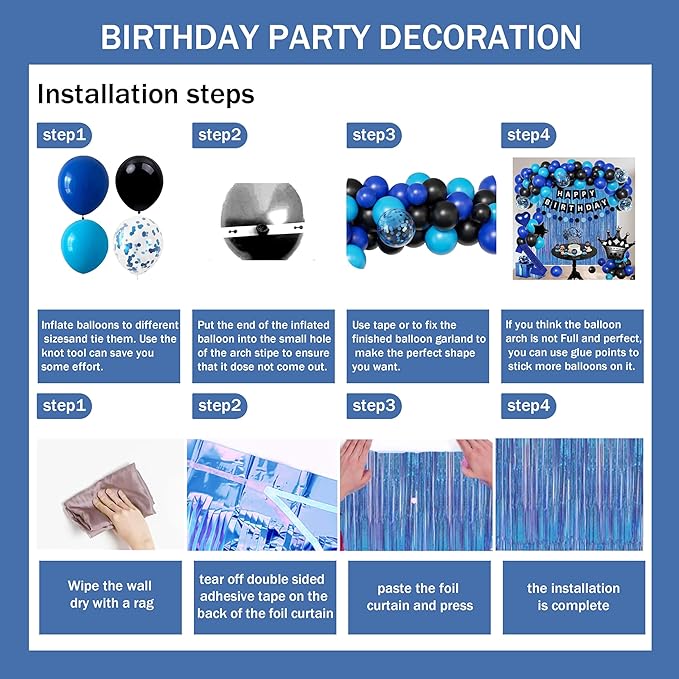 Black And Blue Birthday Decorations for Men,Fringe Curtains Happy Birthday Banner,Red balloons,Cake Toppers for Boys