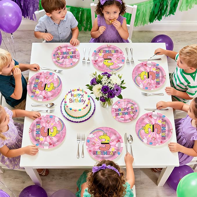 96Pcs Pink and Yellow 3rd Birthday Decorations Princess Pink and Yellow Party Plates and Napkins Disposable Tableware for 3 years Old Girls Princess Birthday Party Decorations Serve 24