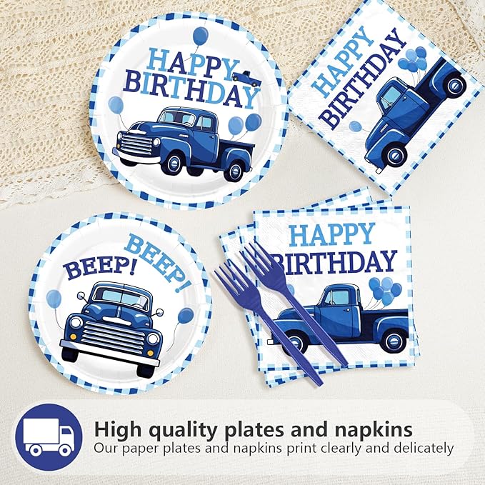 96 Blue Truck Birthday Party Supplies Blue Truck Happy Birthday Plates and Napkins Blue-White Themed Tableware Set for Kids Boys and Girls 1st 2nd 3rd Bday Party Decorations Serves 24