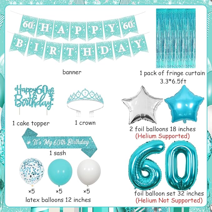 Funmemoir Teal 60th Birthday Decorations for Women - Happy 60th Birthday Banner Sash Tiara Foil Balloons Foil Fringe Backdrop and Cake Topper, Teal Blue 60 Years Old Party Supplies