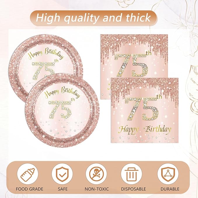 41pcs 75th Birthday Decorations for Women Rose Gold 75th Birthday Party Plates Napkins and Tablecloth Happy 75 Year Old Disposable Party Tableware Kit for 75th Birthday Anniversary Party Supplies