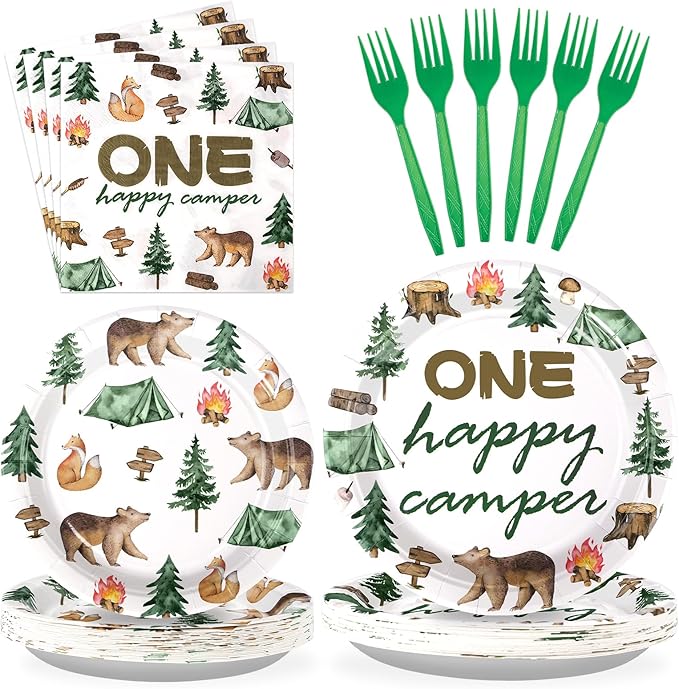 96 Pcs One Happy Camper Birthday Decorations Disposable Happy Camper Paper Plates and Napkins Tableware Set Camping 1st Birthday Party Supplies for Boys Adventure First Birthday Party Decor Serves 24