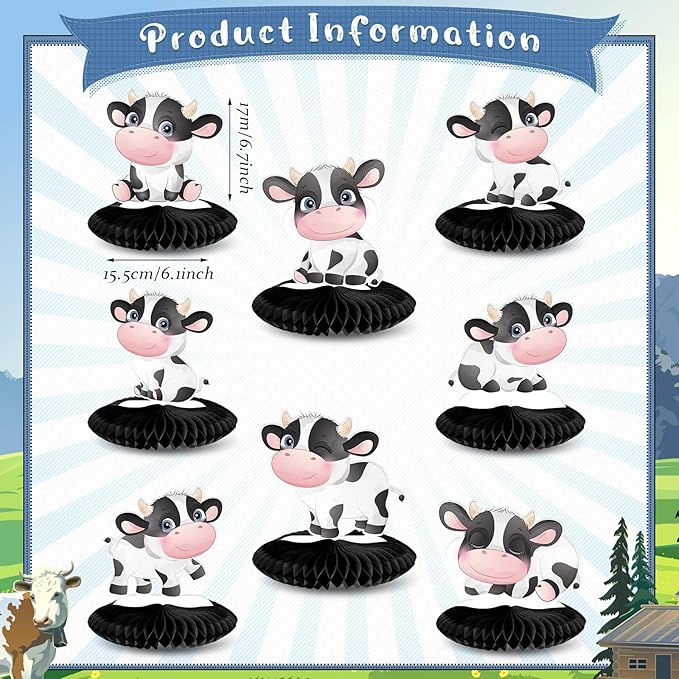Outus 8 Pieces Cow Honeycomb Centerpieces 3D Cow Party Decoration for Tables Farm Animal Barn Party Supplies for Western Theme Birthday