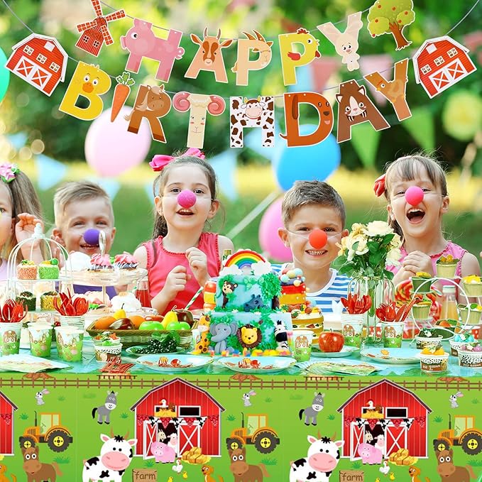 Pajean 171 Pcs Farm Birthday Decorations Happy Birthday Animals Theme Party Supplies 24 Guests Dinner Plates Dessert Plates Cups,Napkins and Banner for Baby Shower Farm Party Decoration(Vivid)