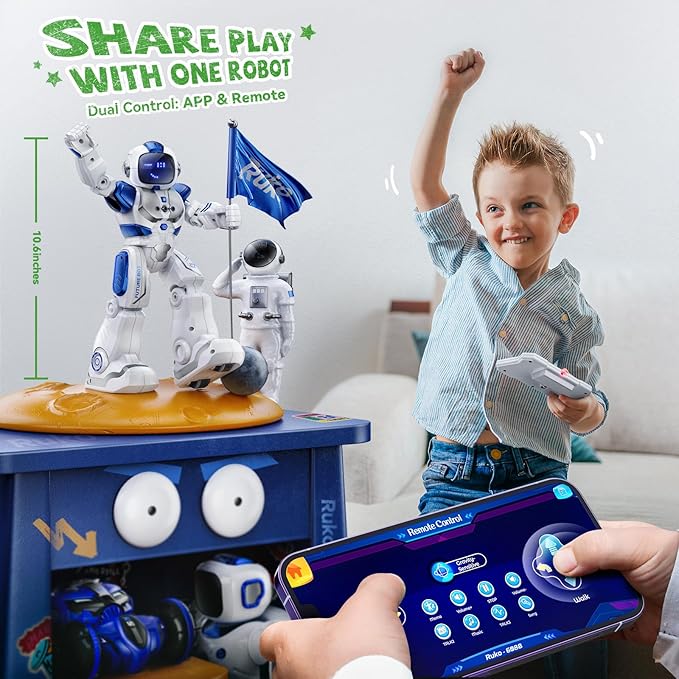 Ruko 6088 Programmable Robot with Gesture Cotrol, Remote Control & APP Control, Rechargeable Robots Toys for Boys and Girls, Interactive LED Faces, Q&A Games, Gift for Kids 3–6, Blue