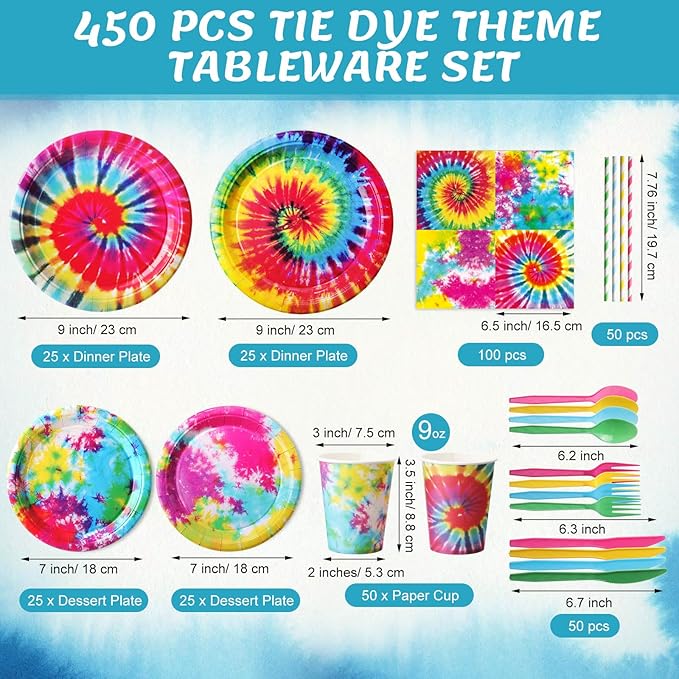 450 Pcs Tie Dye Party Tableware Set Decorations Rainbow Birthday Paper Plates Napkins Cups Cutlery Straws for Hippie Retro 60s/70s Dinner Celebration Birthday Wedding Baby Shower, Serves 50