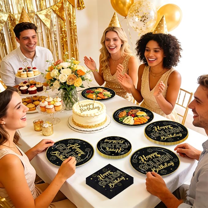 96Pcs Golden Birthday Party Decorations Happy Golden Birthday Paper Plates and Napkins Sets Black and Gold Birthday Decorations for Men Women Bday Party Supplies Serves 24