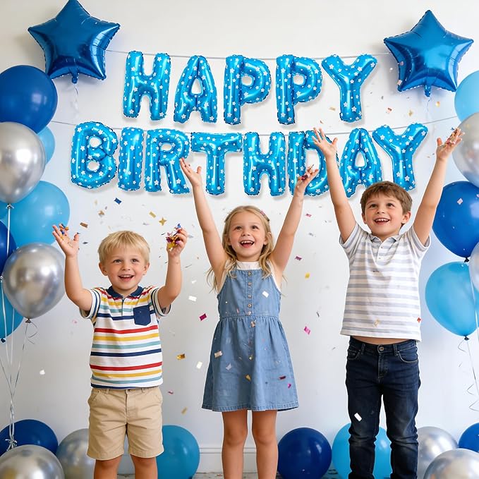 Blue Happy Birthday Balloons Banner Letter Signs Party Decorations