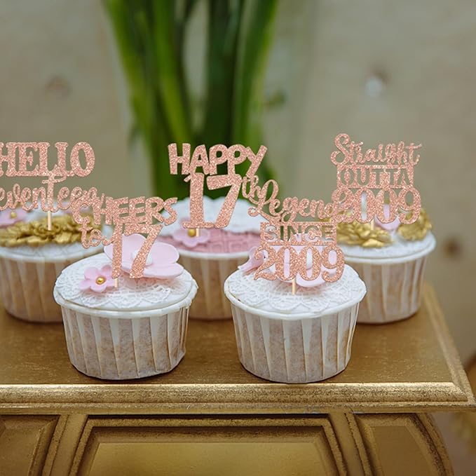 30PCS Rose Gold 17th Birthday Cupcake Toppers Glitter Seventeen Happy 17th Straight Outta 2009 Cupcake Picks for Cheers to 17 Years Birthday Anniversary Party Cake Decorations Supplies