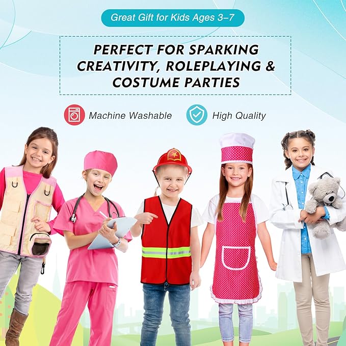 Vicenpal 5 Sets Kids Dress up Clothes Doctor Kids Explorer Costume Lab Coat Chef Outfit Fireman Costume with Accessories Set Toddler Children Cosplay