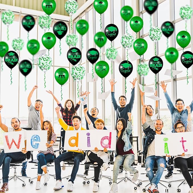 Whaline 60Pcs Graduation Party Balloon Set 7 Designs Confetti Latex Balloon with 2 Rolls Ribbon Grad Cap Congrats Grad Balloon for Graduation Party Decoration Supplies (Green, Black)