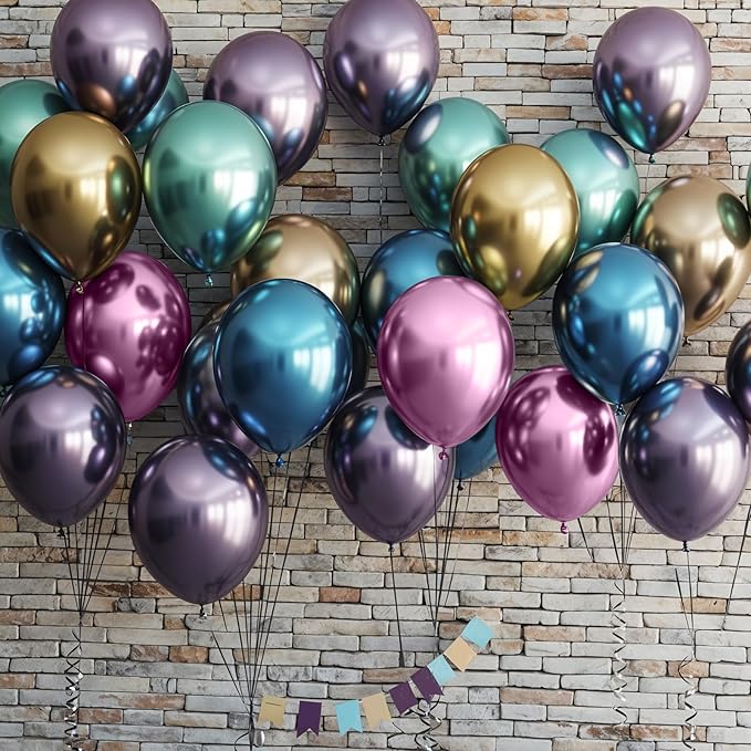Pastel Metallic Balloons, 12 Inch Assorted Chrome 6 Color Blue Purple Green Pink Gold Champagne Latex Party Balloon for Birthday Graduation Anniversary Baby Shower Wedding Decorations