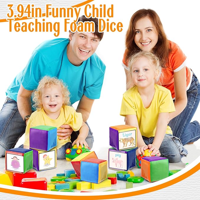 Yilloog 4 Pcs Large Foam Dice with Pockets DIY Education Playing Soft Dice Cube Learning Teaching Stacking Blocks Photo(3.94 Inch,Stylish Color)