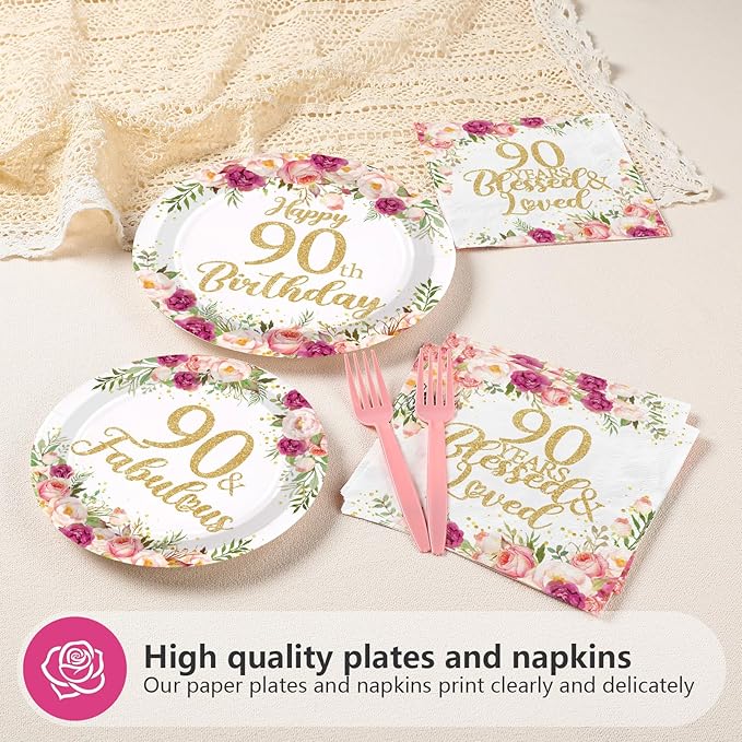 96Pcs 90th Birthday Decorations for Women Rose Gold Floral Party Plates and Napkins Disposable 90th Birthday Gifts Tableware Set for Women Fabulous Party Decorations Serves 24