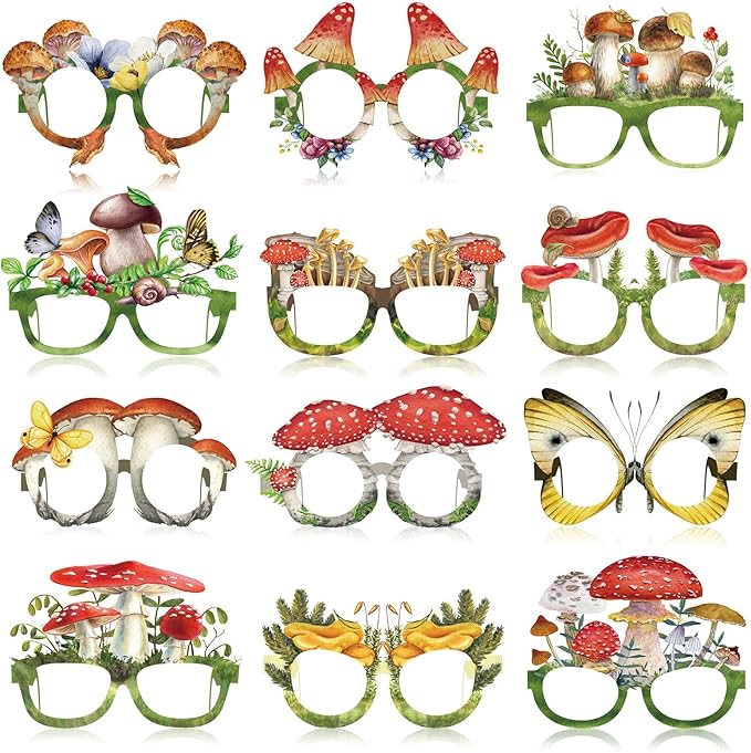 Pajean 36 Pcs Mushroom Party Decorations Eyeglasses Wild Mushrooms Paper Glasses Supplies Enchanted Forest Photo Booth Props Frame Favors for Woodland Shower Birthday Spring Party Decor Supplies